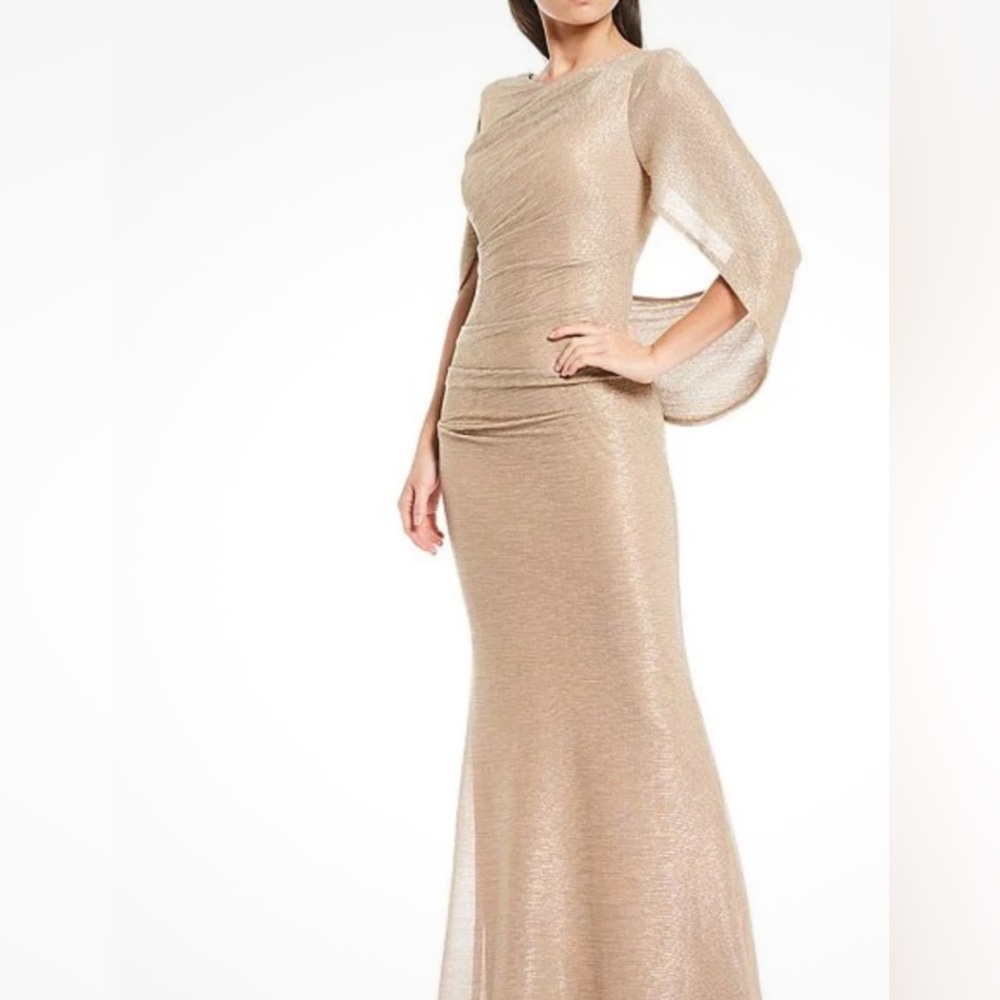 Betsy & Adam Women’s Elegant Gold Metallic Cape Drape Evening Long Gown